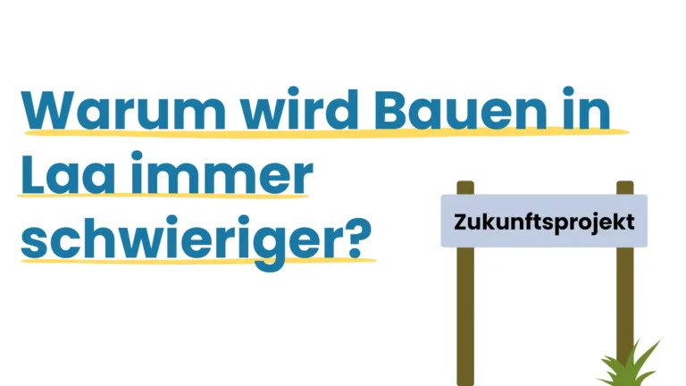 Blogbeitragsbild mit dem Text "Warum wird Bauen in Laa immer schwieriger" und daneben die Grafik Zukunftsprojekt